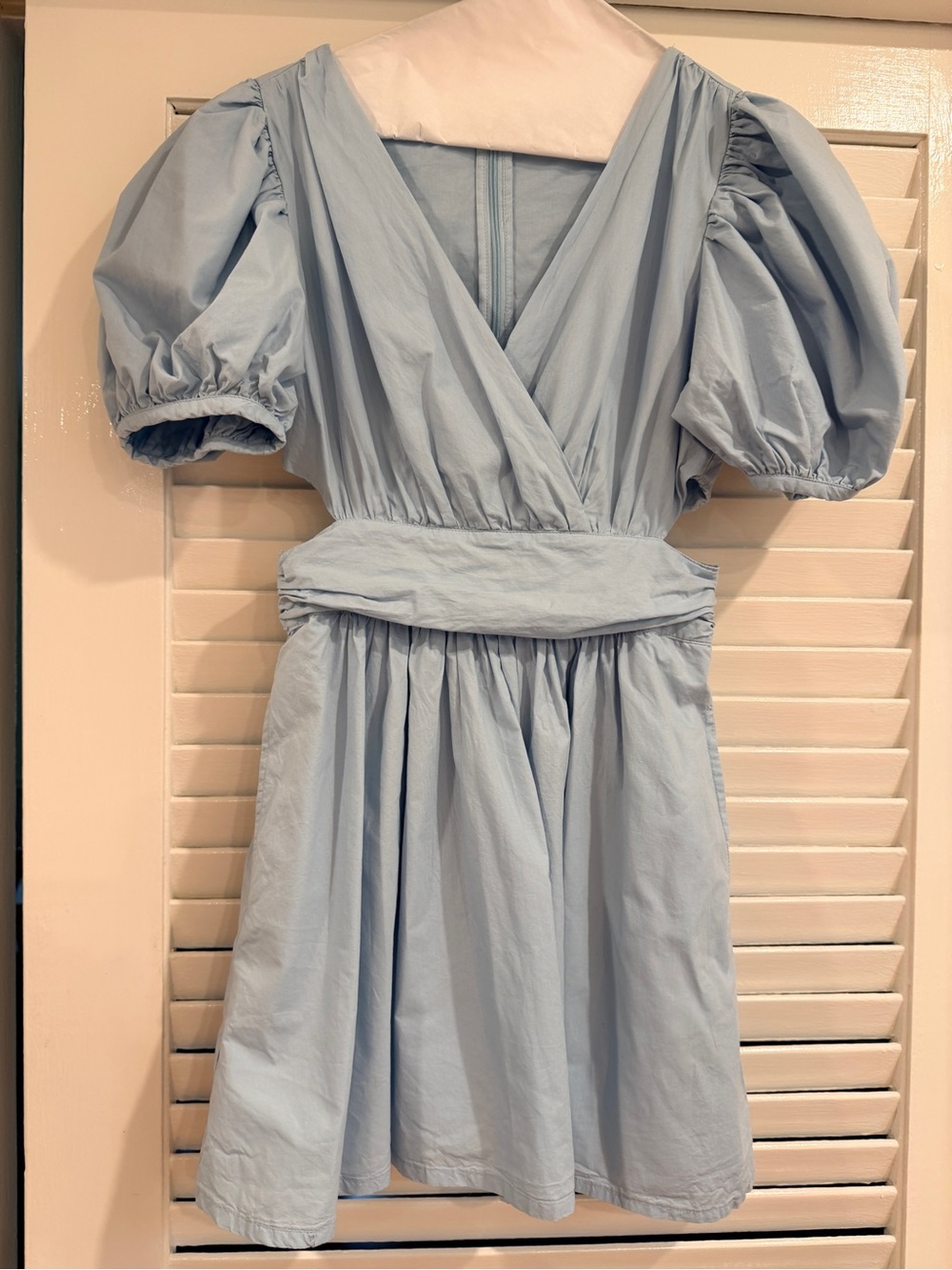 French Connection Sky Blue Puff-Sleeve Wrap Mini Dress